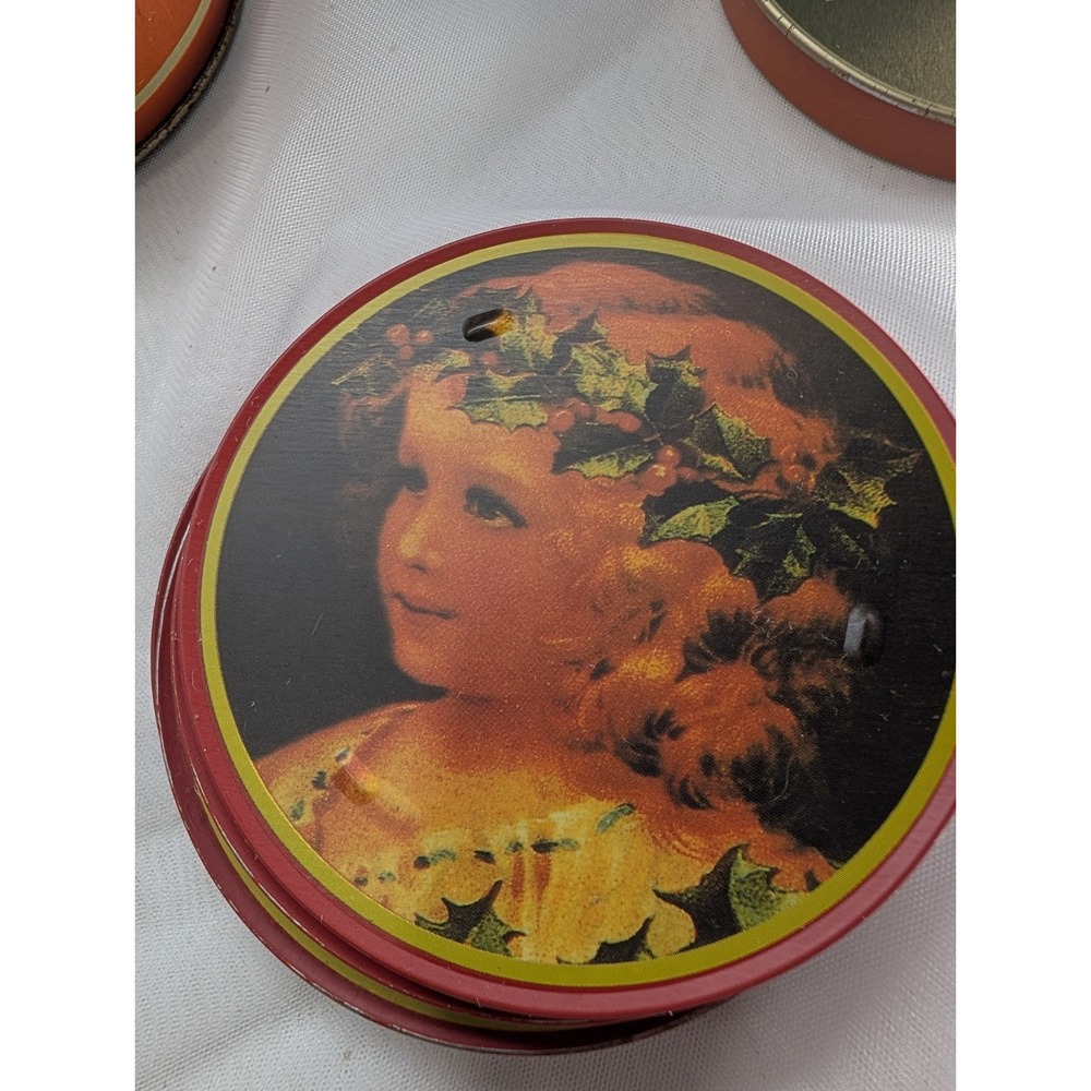 Vintage Round Metal & Cork-Backed Coaster Set, 6pc Portrait Design w/ Tin - Picture 7 of 11